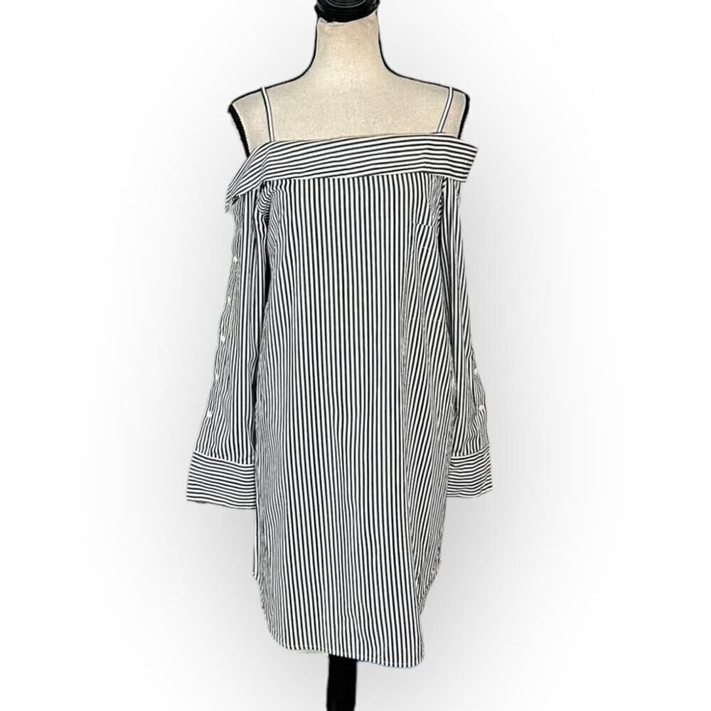 Robert Rodriguez Cold Shoulder Shirt Mini Dress Women's 4 Black White Striped
